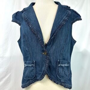 BANDOLINO Y2K 2000s Blue Denim Fitted Cropped Blazer Jacket Puff Sleeve Women 12